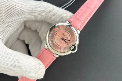 Cartier Ballon Bleu De 33mm Japan NH05 Automatic Movement Sapphire Glass Pink Dial Pink Leather Strap high quality replica watches USA